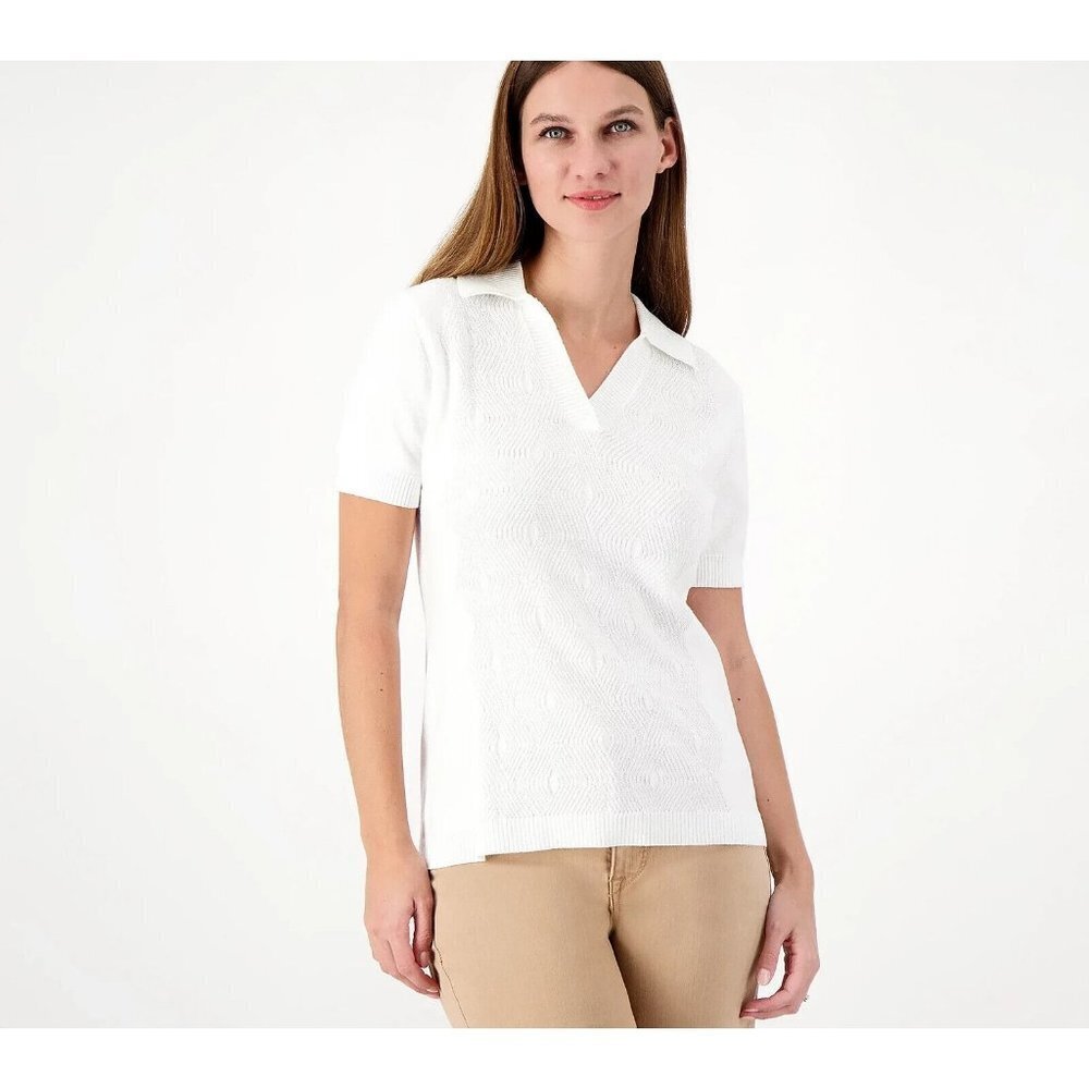 Isaac Mizrahi Live! Lattice Stitch Short Sleeve Sweater Bright White Size ,Small